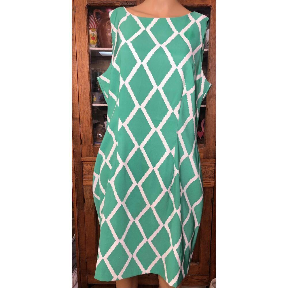 Alyx Green White Diamond Shift Dress Sleeveless Boat Neck  Size 16